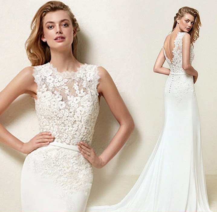 韓国ファッション 二次会 結婚式 パーティードレス フレンチレースマーメイド花嫁 ウエディングドレス シンプルワンワードショルダー花嫁ウエディングドレス演奏会