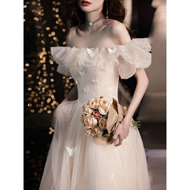 イブニングドレス オフショルダー シャンパン色 フリル 蝶柄 可愛い オシャレ 発表会ドレス ロングドレス オフショル 結婚式ドレス 二次会ドレス ミディアム丈 ミモレ丈ドレス パーティードレス XS