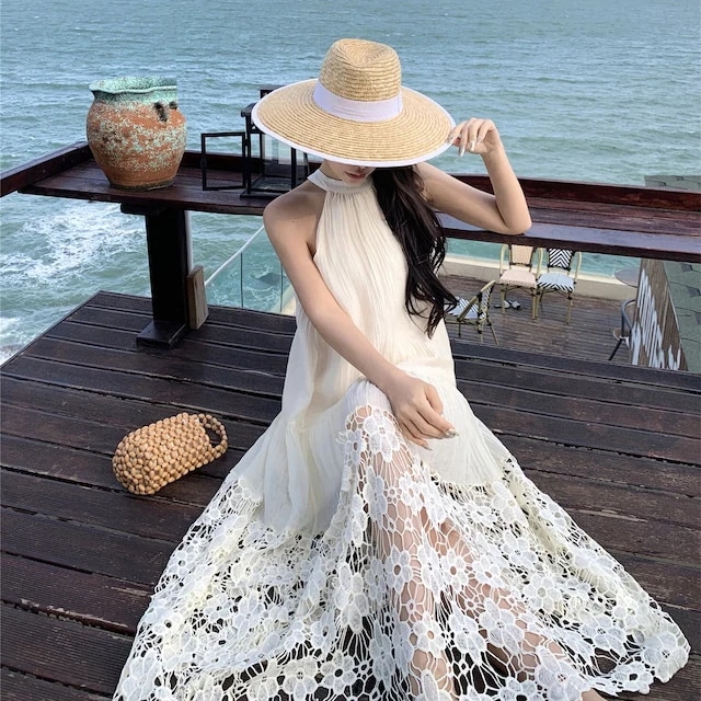 2024春夏レースホルターネックワンピース安い