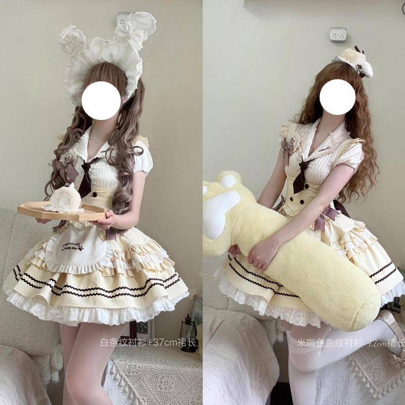 プレッピースタイルの新しいスイートガールパッチワークシャツウエストウィンタードレスベスト痩身ロールプレイングパフスカートロリータ3点セット
