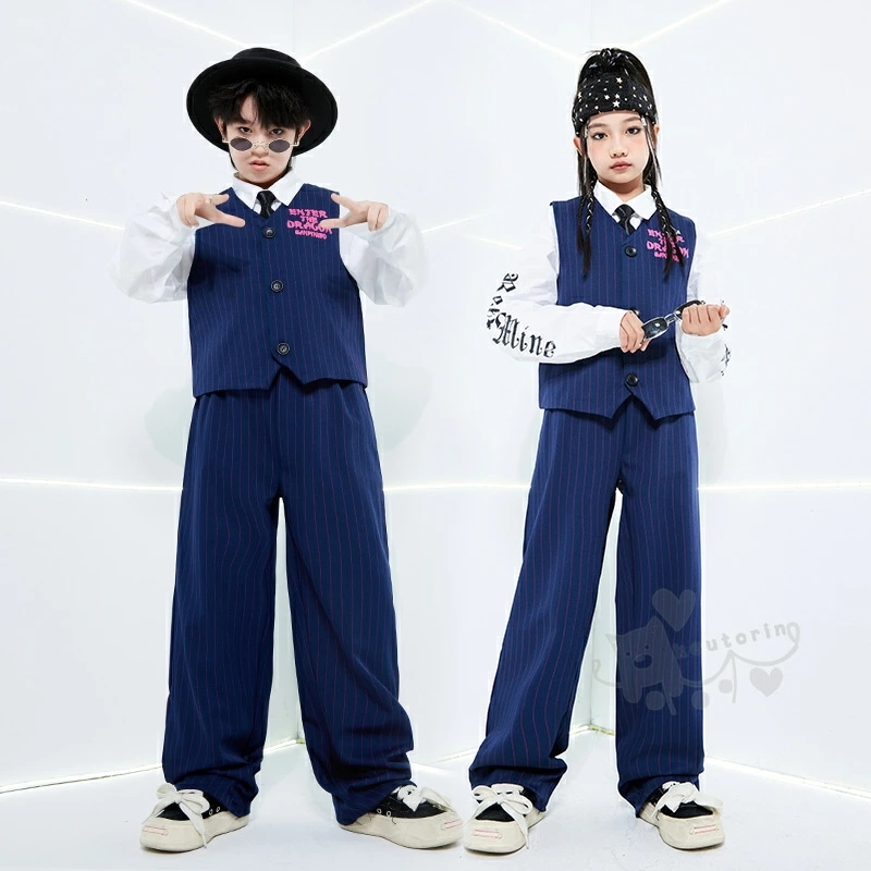 キッズダンス衣装 ヒップホップ ガールズHIPHOP ストライプ キッズダンス K-POP キッズ衣装 ネイビー 派手 K-POP 韓国 ステージ衣装 応援団 練習着 体操服 発表会 hiphop 演
