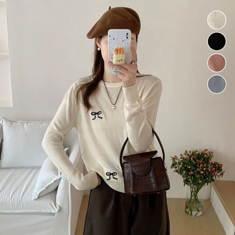 長袖 ニット セーター プルオーバー リボン トップス 長袖ニット 長袖セーター