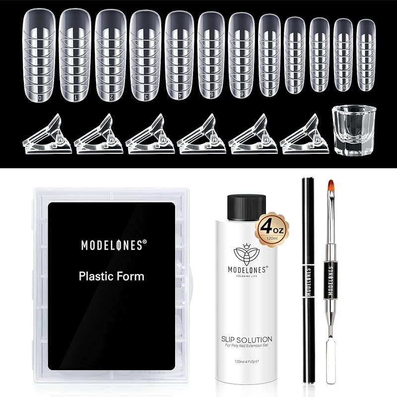 Modelones スリップソリューション ポリジェル 120mlポリジェルスリップ +透明フェイクネイルモールド*120枚&透明 ネイルチップクリップ*6個&ポリジェル 筆*1個 エクステンション液