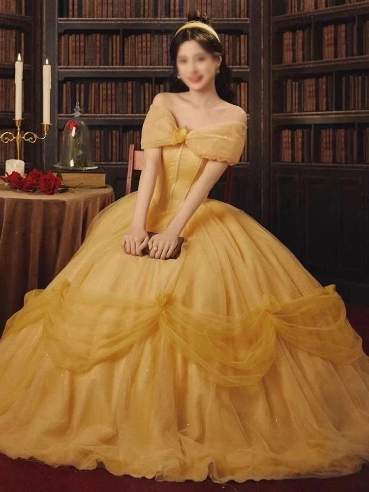 只今底値!ロングスカートドレス25イエローワンショルダー誕生日成人式プリンセスドレス写真スタジオウェディングドレス