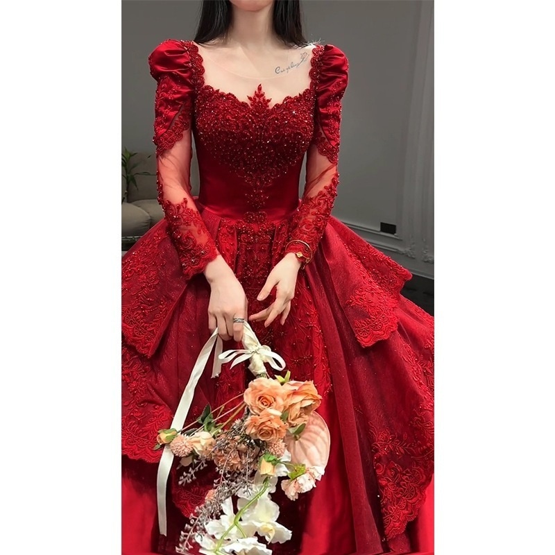 レッドメイン ウェディングドレス 2025 ブライダル 重工 ドアヤーン プチサテン 長袖 秋冬