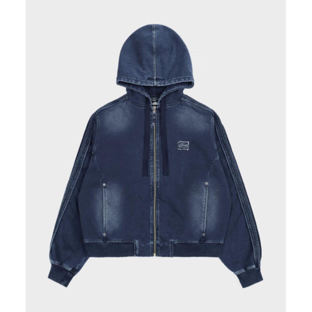 BADBLOOD Billy Washed Denim Sweat Hoodie Zip Up Blue w-h