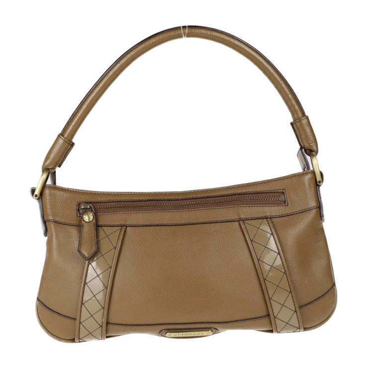 美品 BURBERRY バーバリー ハンドバッグ - ワンショルダーバッグ レザー エナメル ブラウン系 カーキ系 ゴールド金具 ロゴプレート パテント 本物保証 中古