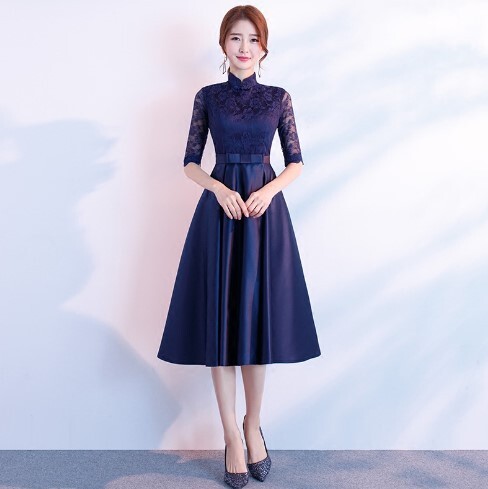 ワンピース パーティードレス 二次会ドレス イブニングドレス 舞台ドレス ワンピドレス ひざ丈 五分袖 スタンドカラー レース かわいい 大人可愛い きれいめ 大人 上品 おしゃれ お洒落 かっこいい