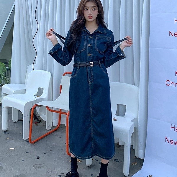 ワンピース ミモレ丈ワンピース デニムワンピース 長袖 襟付き ハーフボタン ウエストベルト ポケット デニム 可愛い かわいい 大人可愛い きれいめ シンプル 上品 おしゃれ かっこいい カジュアル