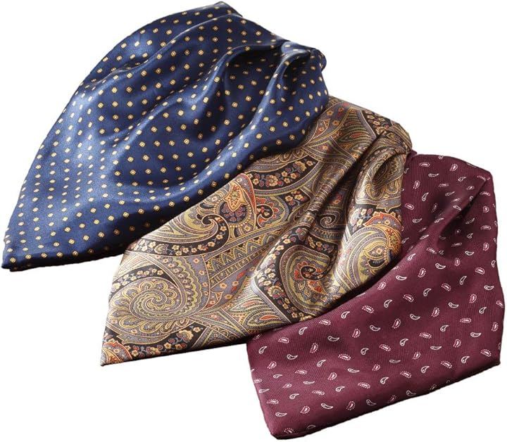 ワンタッチ シルク アスコットタイ 3枚セット ワインレッド ネイビー エスニック柄 ダンディ 10558-59-61 (SET1, 全長28cm首廻り40～51cm)