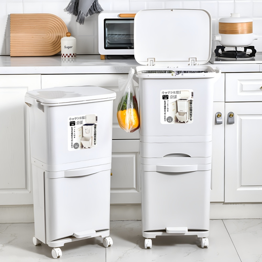 ゴミ箱 スリム 縦型 2段 おしゃれ キッチン ふた付き 2分別 大容量 ワゴン 38L ダストボックス リビング ペダル ごみ箱 足踏み タオルラック フラップ式 ホワイト 新生活 DJYC212