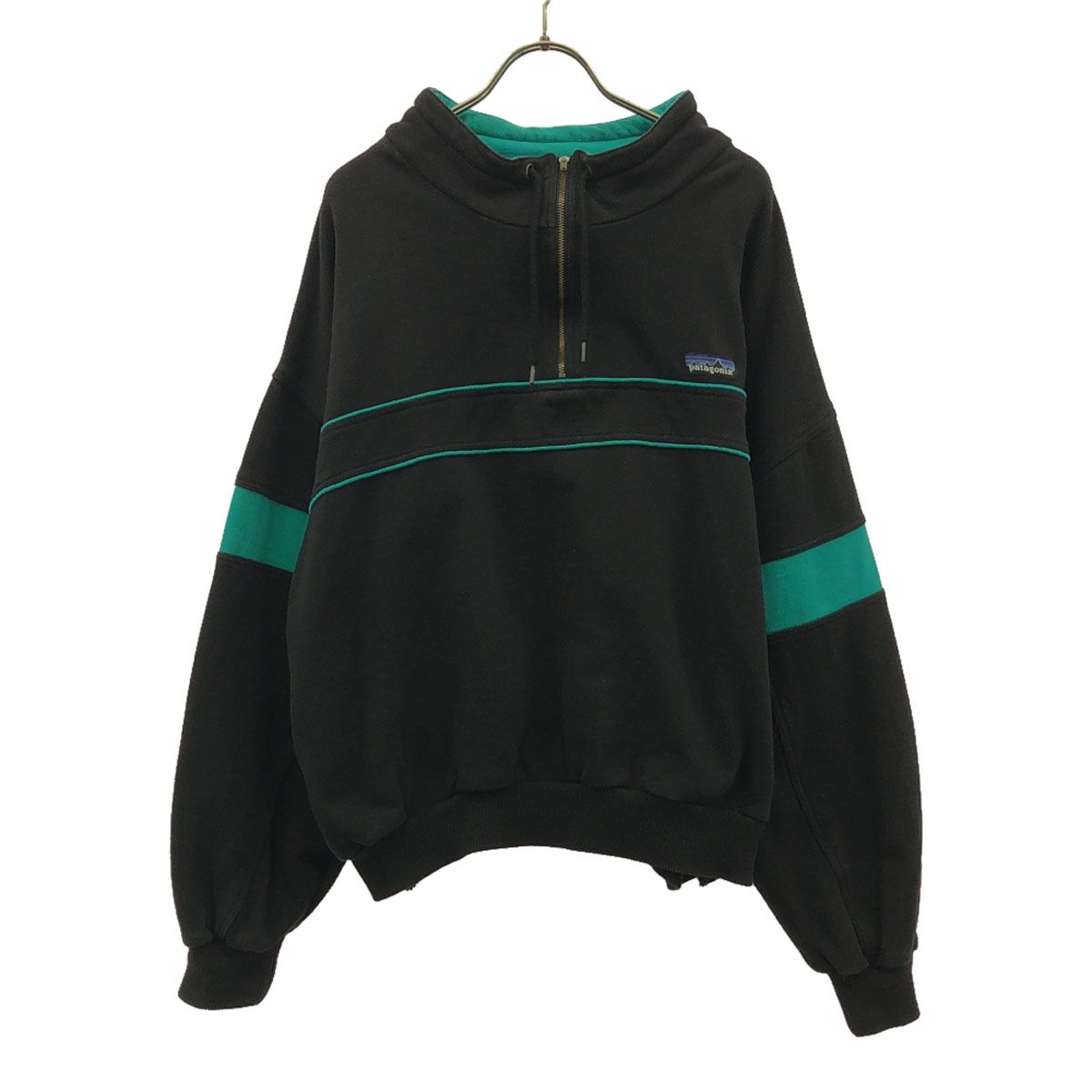 ブランドロゴ 長袖 ハーフジップ スウェット L ブラック×グリーン アウトドア 281035F7 メンズ 古着 7,970円