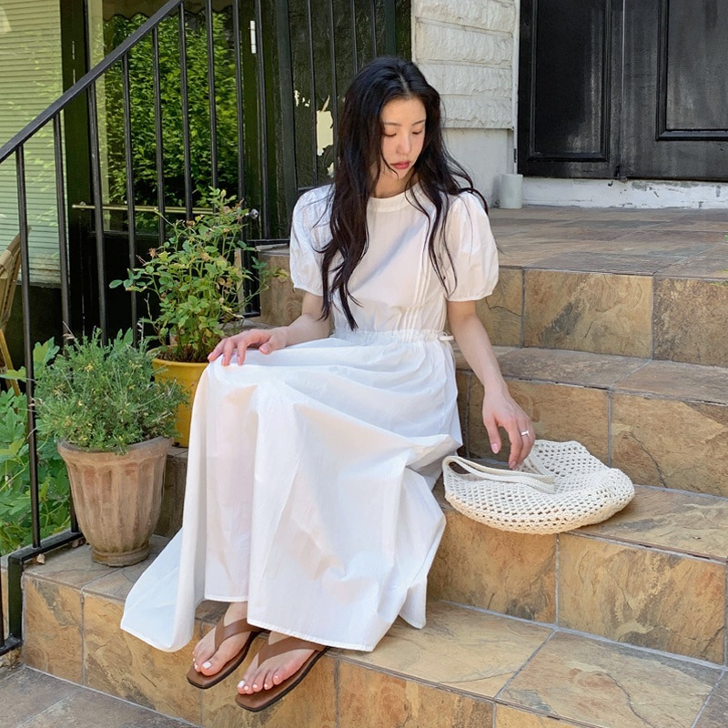 [top0640] 韓国ファッションストリング コットン 半袖 ロング ワンピース