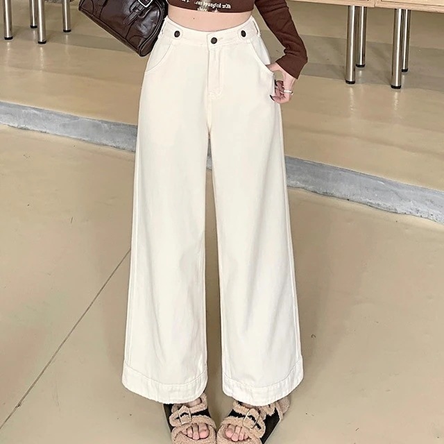 2024 春夏パンツ デニム ジーンズ ワイド ストレート ハイウエスト 脚長効果 美脚効果 細見え 春 白 ホワイト カジュアル おしゃれ かわいい シンプル 韓国ファッション レディース お出かけ