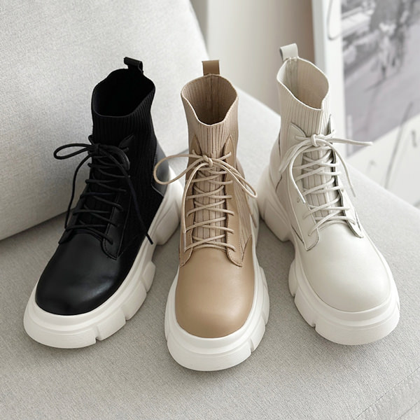 ショートブーツ ワークブーツ 天然牛革 トラックソール 厚底 ニット レースアップ レディース ミドルヒール 黒 白 ブラック ホワイト ベージュ 靴 婦人靴 韓国