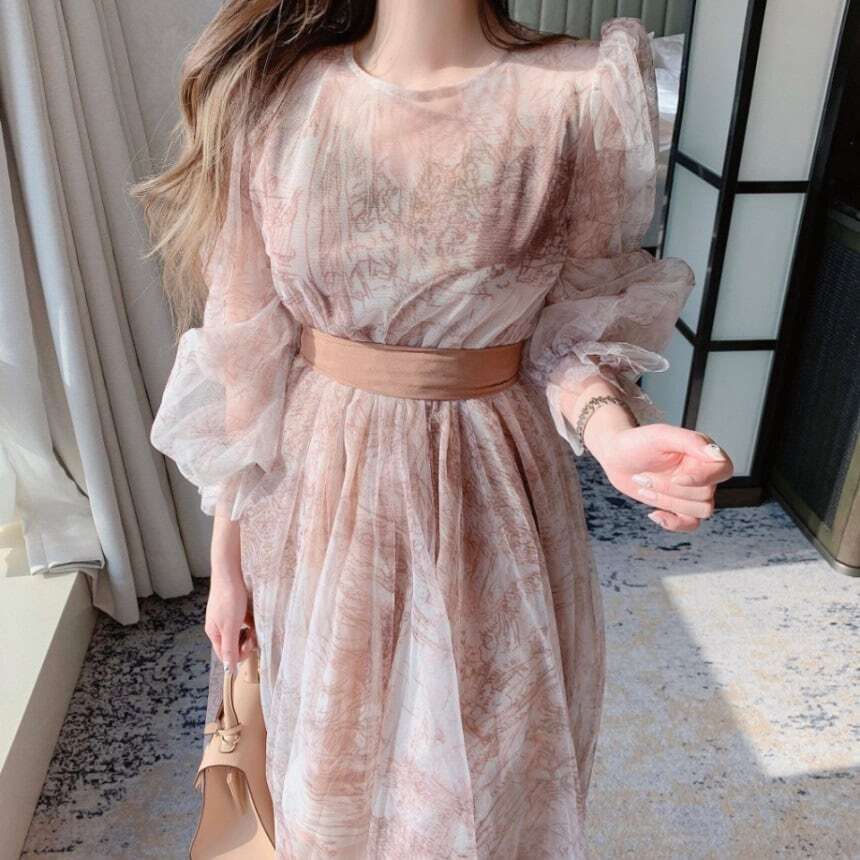 【送料無料】レディース オーガンジー レイヤード ドレス ワンピース 透け感 ウエストリボン