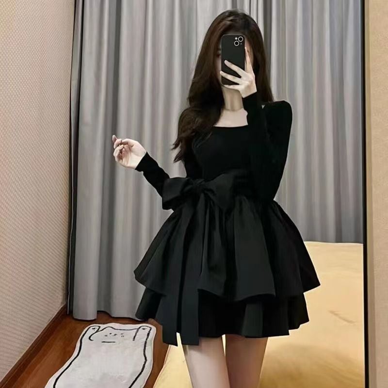 【1つ買うと10つ無料】春と秋のドレス韓国語の気質ウエストスカート小さな黒いスカートプリンセススカート