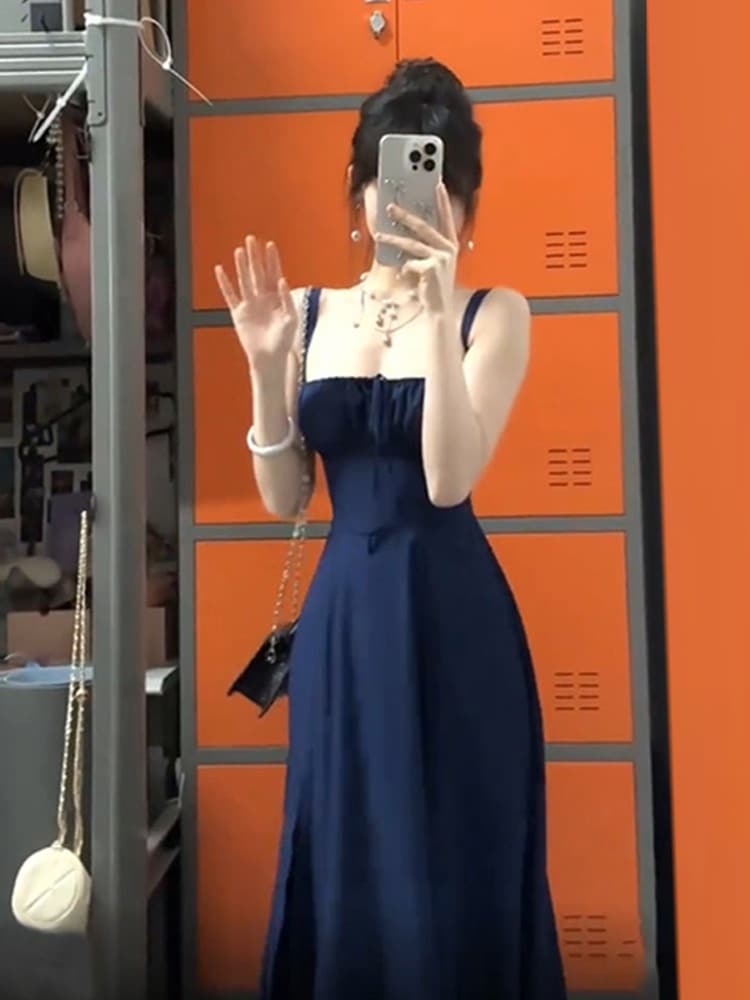 ティーブレイクブルーサスペンダードレス女性用2024年夏洋ナシ型ボディ見事な気質とウエストロングスカート付き