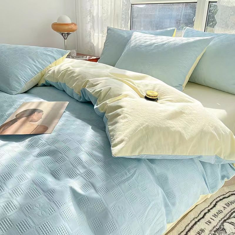 四兼用寝具４点セット 布団カバー ベッドシート 枕カバー2点 選べる８色 ４サイズ 寝具セット ワッフル生地 通気性が良い 清潔感のある寝具セット 両面使用可能