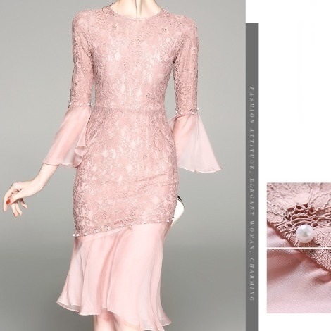 パーティードレス 花柄 レース ビジュー 七分袖 膝丈 ミディ丈 ピンク タイト ラウンドネック フレア 異素材ミックス マーメイド フェミニン エレガント パーティー 結婚式 二次会 お呼ばれ