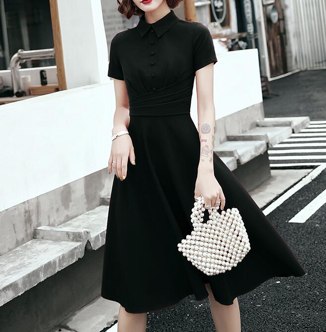 ワンピース　半袖　ドレス　膝丈　黒　イブニングドレス　パーティー　着瘦せ　結婚式　演出　ミモレ丈