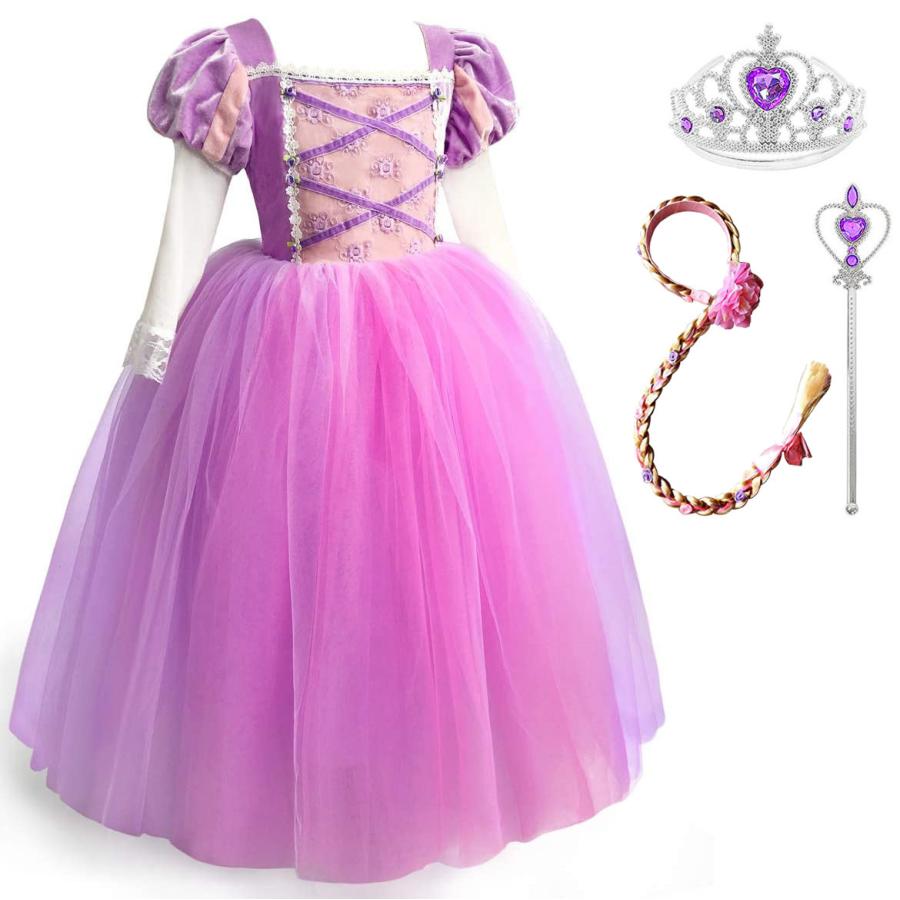 [即纳]新作先行発売ラプンツェル ドレス 子供 コスプレ 衣装 豪華４点 セット ( プリンセス ドレス ウィッグ ティアラ ステッキ ) 110 120 130 140 1５0【短納期】