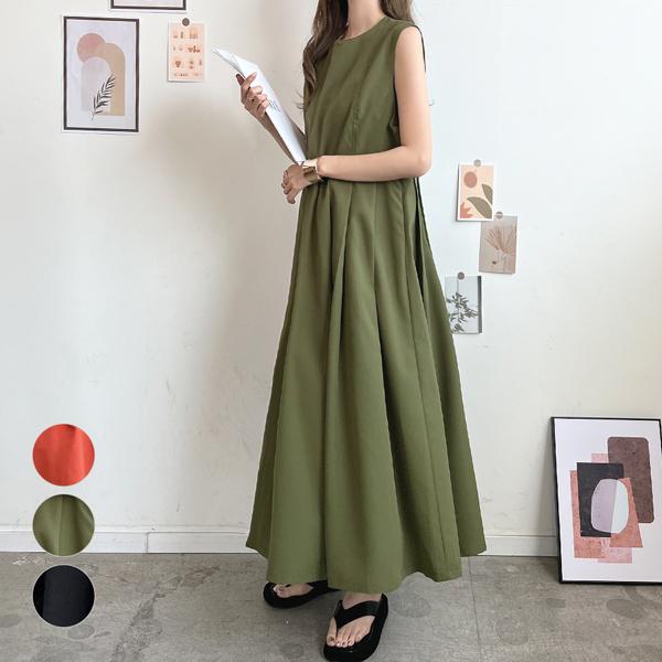 ワンピース レディース ロング ノースリーブ フレア　プリーツ　カジュアル シンプル 旅行　韓国 ファッション / ワイドプリーツロングワンピース