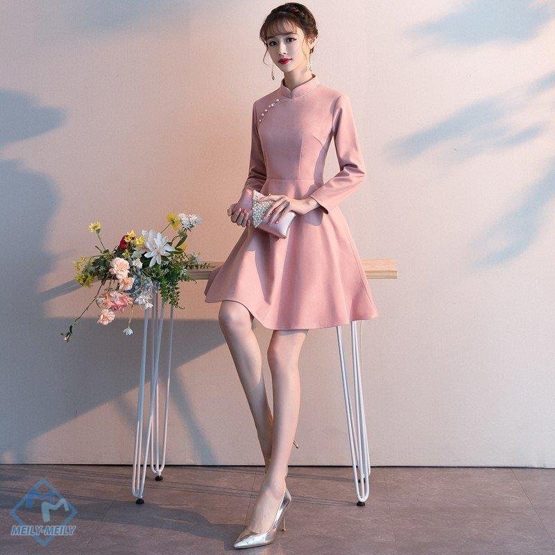 チャイナドレス ミニドレス ピンク チャイナドレス風ワンピース 長袖 パーティー ショート丈 チャイ 8,550円