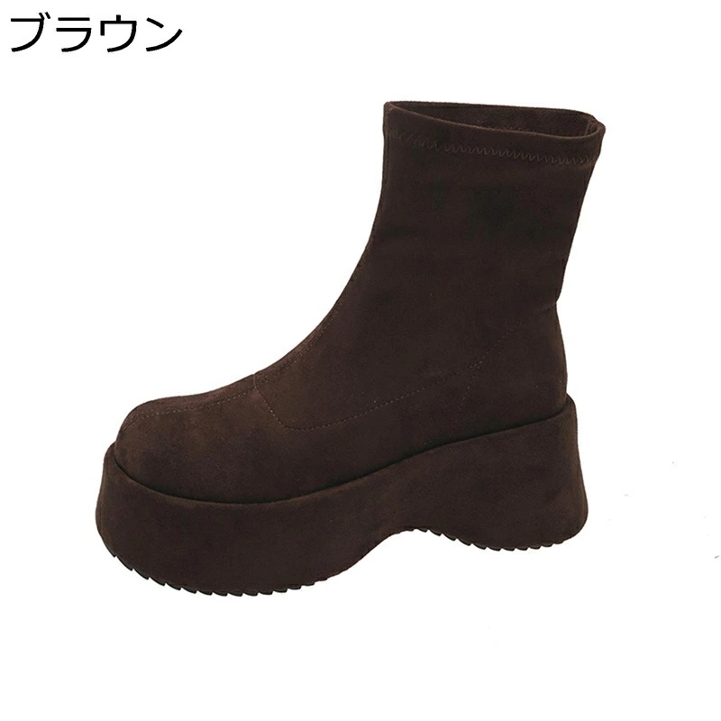 ブーティ レディース ショートブーツ 秋冬靴 プラットフォーム 身長アップ7cm スエード ストレッチ 弾力性 カジュアル ファッション ハーフブーツ アンクル丈 美脚 細見え ファッション