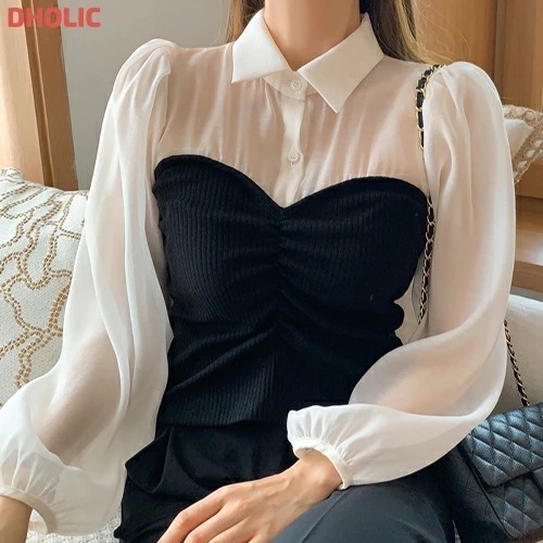 [メガ割りSALE]メッシュパフスリーブレイヤード風長袖配色ブラウス