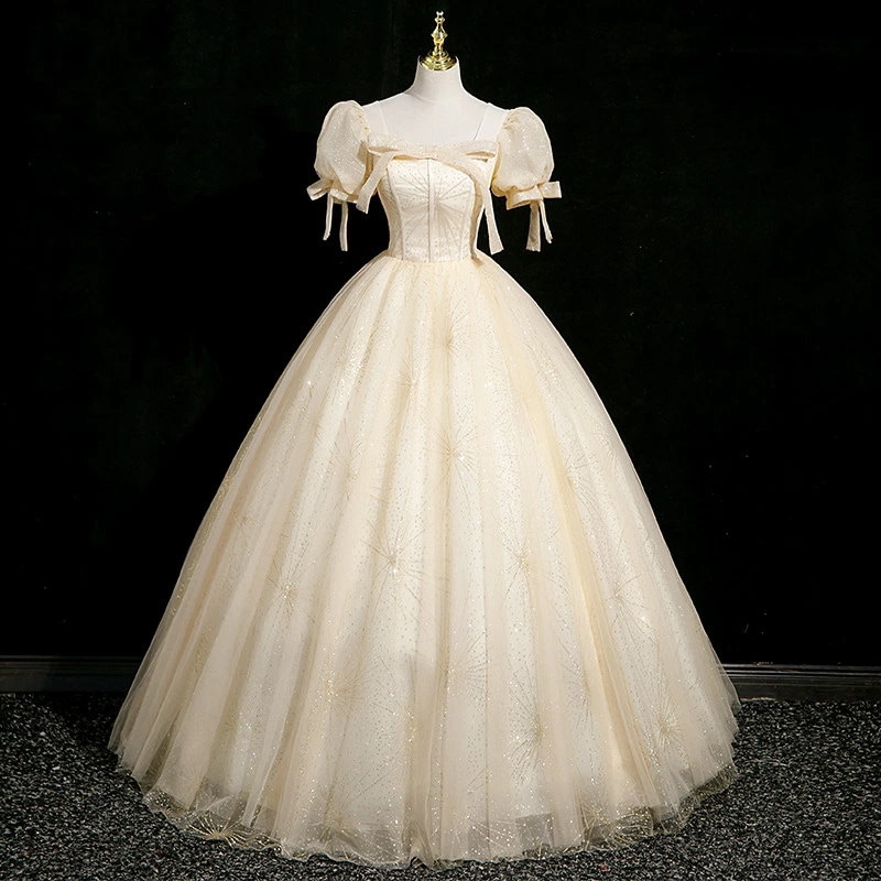 イブニングドレス シャンパン色 演奏会ドレス ロングドレス パフスリーブ リボン 可愛い 発表会ドレス 成人式ドレス 同窓会 謝恩会 コンサート コンクール コンテスト パーティードレス Aライン X