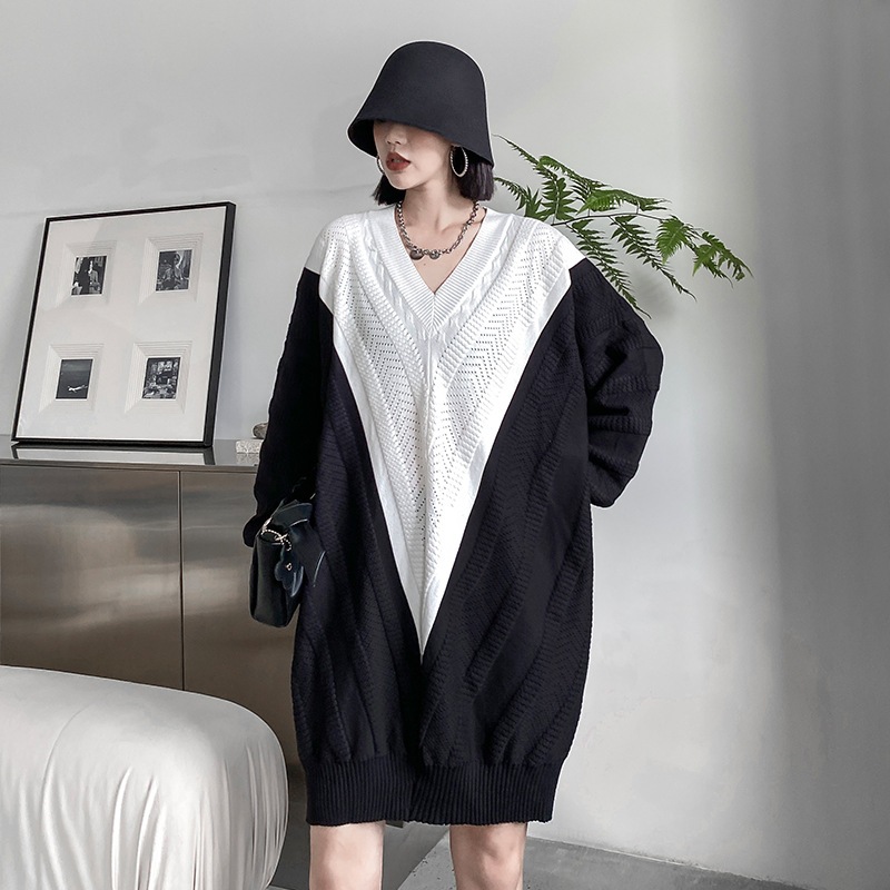 新作 おしゃれ カジュアル ワンピース 気質 Vネック コントラストカラー ゆったり ニットワンピース ロングワンピース