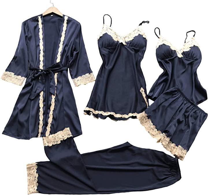 ランジェリー パジャマ レディース 5点セット スリップ キャミソール( ネイビー, M)