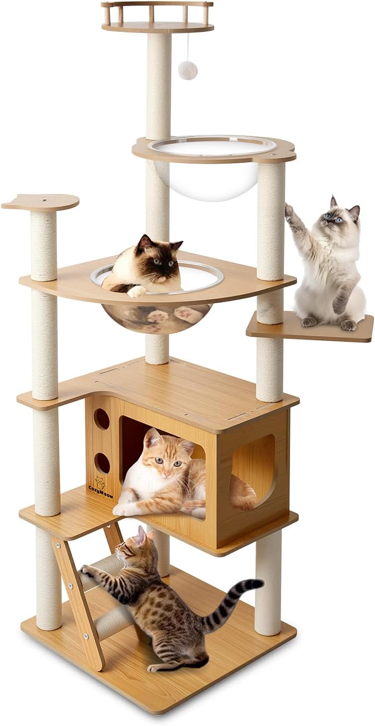 CozyMeow キャットタワー 木製 スリム 宇宙船 据え置き 厚さを増した板材 キャットハウス つめとぎ 猫 大型猫用 爪とぎ キャットウォーク 多頭飼い 人気 猫タワー おしゃれ かわいい 6,863円