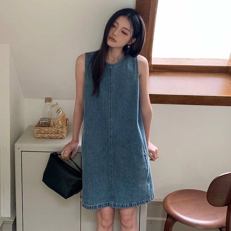 Fone Jianhe 2024 春夏韓国レトロ怠惰なスタイルのバックレスデニムベストドレス女性 28215