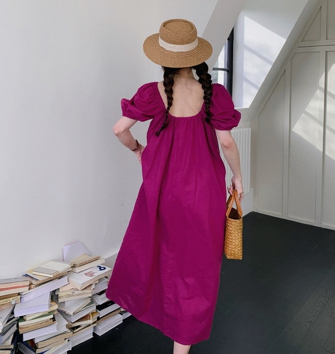 パフスリーブ ロングワンピース スクエアネック 薄手 ワンピース フレアワンピース ロング丈 半袖 ルーズ スリム 細身 ストレート ワイド Aライン 薄手 かわいい 大人可愛い シンプル カジュアル