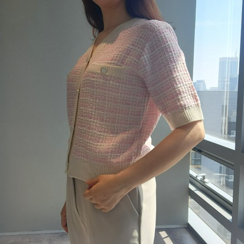 ツイードカーディガン 夏 桃色 クロップド 半袖 薄手 配色カーディガン