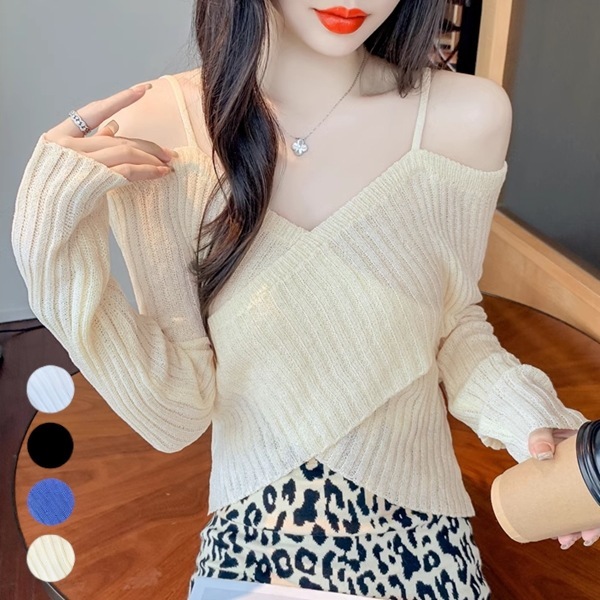 ４色展開 レディース トップス ニット セーター ショート 長袖 萌袖 カシュクール ワンショルダー スリム 細身 ストレート サスペンダー アシンメトリー バックレス フェミニン フィット