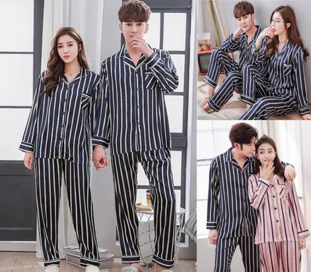 「ペア販売」シルク ペアルックパジャマ 上下セット カップルペアルック パジャマワンピースレディース 春秋夏ルームウェア 長袖 ペアルックパジャマお揃い ファッション 涼しい ストライプ