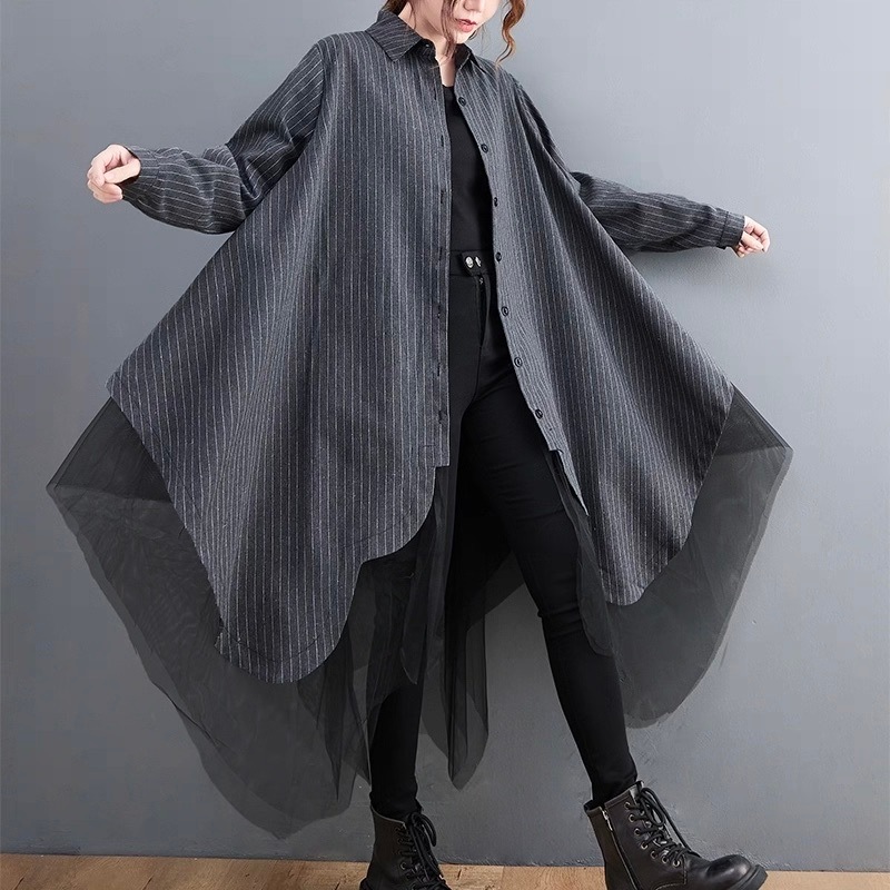 レディース ワンピース シャツワンピ フレア ミモレ アシンメトリー 長袖 Vネック 襟付き 角襟 Aライン フェミニン ストリート 前開き ボタン 切り替えデザイン ドッキング 異素材ミックス