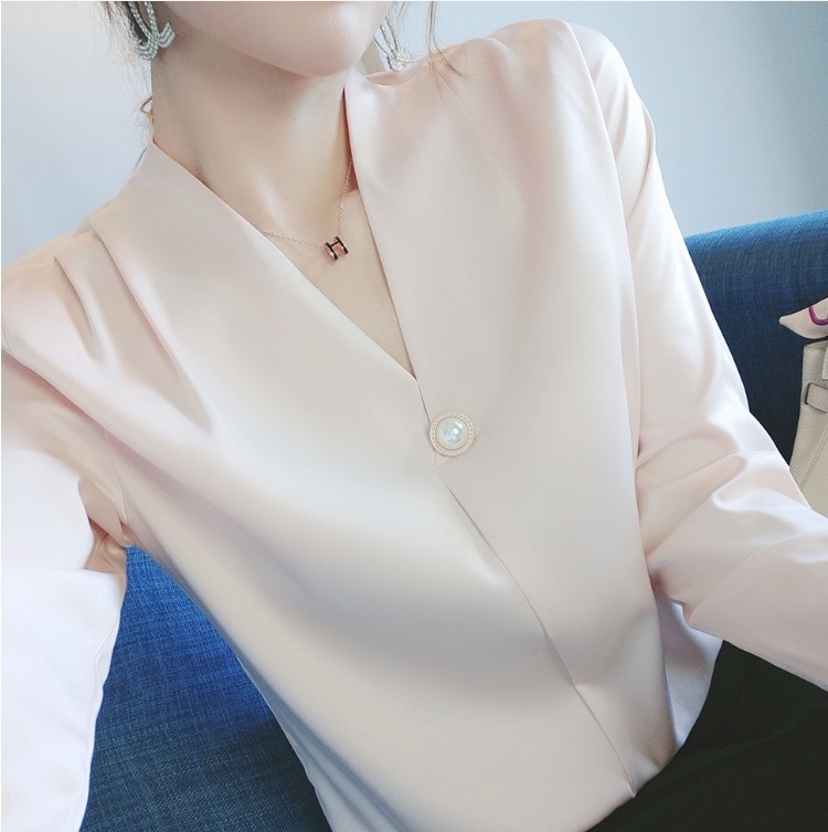 フォーマルシフォンシャツ ボタン付きシャツ 長袖Vネックトップス カジュアルシフォン トップス シャツ プルオーバー 白シャツ 白トップス 袖あり 長袖 Vネック 襟なし スリム 細身 Iライン
