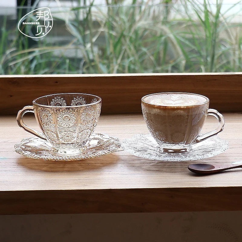 全店2個購入で0円引きネットセレブガラスラテカップコーヒーカップとソーサーレトロ刻印ドリンクカップハンドル付きティーカップ