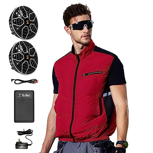 ZIRAIFEN 2023 19V ファン付きベスト 22000mAhバッテリー ファン セット 大風量 熱中症対策 防水遮光生地 扇風作業服 釣り ゴルフ 工場 屋外作業に適 男女兼用 (S, レッ