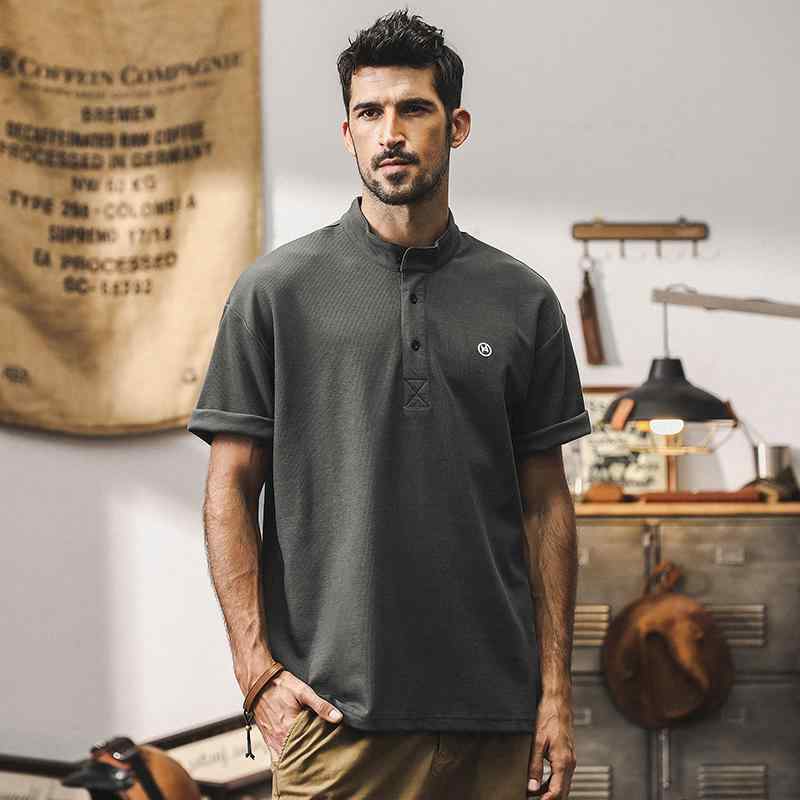 ポロシャツ アメリカン レトロ ヘンローカラー Tシャツ メンズ 半袖 夏 刺繍 男性 ダーク グレー カーキ アメカジ コットンブレンド