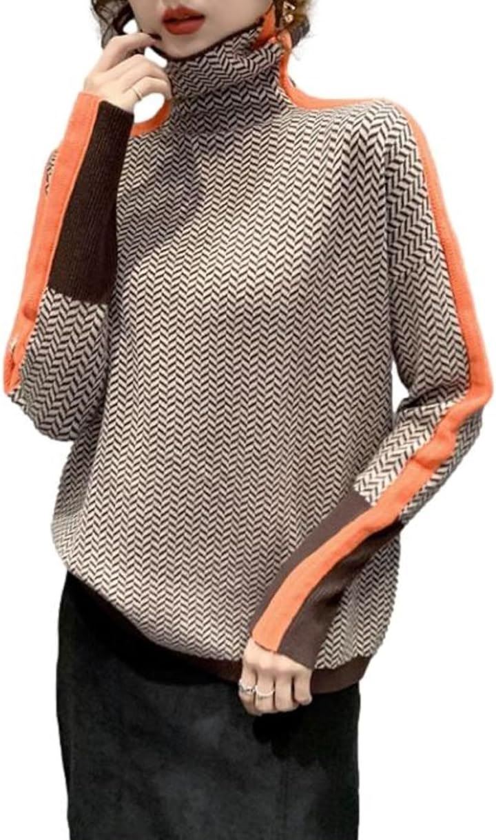 ヘリンボーンニットトップス タートルネック プルオーバー ゆるシルエット10分袖 レディース JS105( オレンジ, M) 5,461円