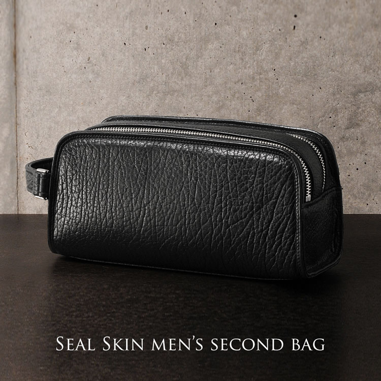 日本製アザラシ革セカンドバッグダブルファスナーメンズmarelli