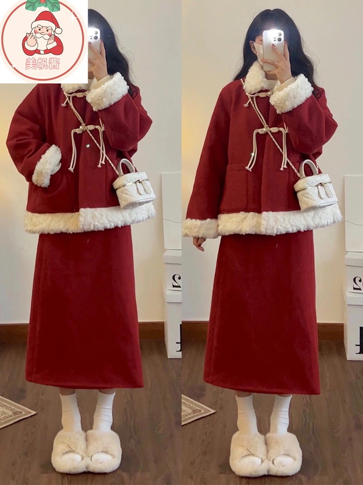 サンタコス クリスマス セット レディース 秋冬 レッド お正月 ロングスカート 2セット