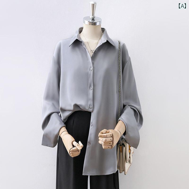 レディース シャツ ブラウス 長袖 春秋 スモークグレー シャツ襟 サテン風 シルキー 光沢 ドレープ シングルブレスト モダン エレガント クラシック 洗練 ビジネス フォーマル