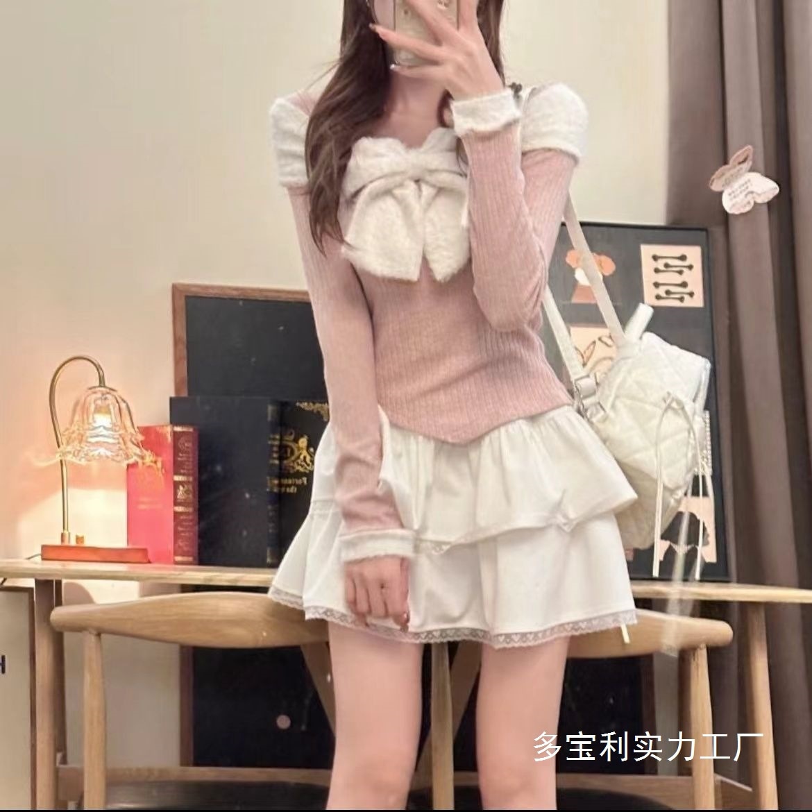 純欲風セットアップ 女性早春新作 韓国風カッコイイリボンニットトップス 高ウエストスカート 2点セット