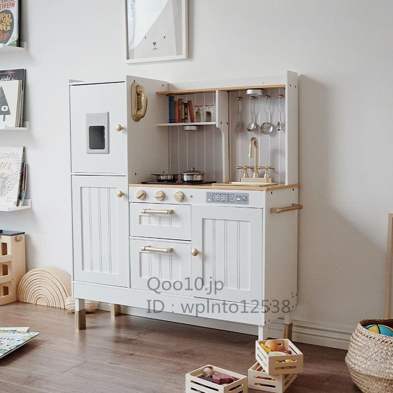 木製の新しいヨーロッパスタイルのシミュレーションキッチン冷蔵庫のおもちゃの男の子と女の子のおままごと木製ストーブが点灯します